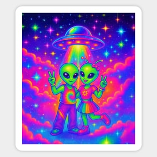 Kawaii Alien Couple Peace Sign Rainbow UFO Abduction T-Shirt Sticker